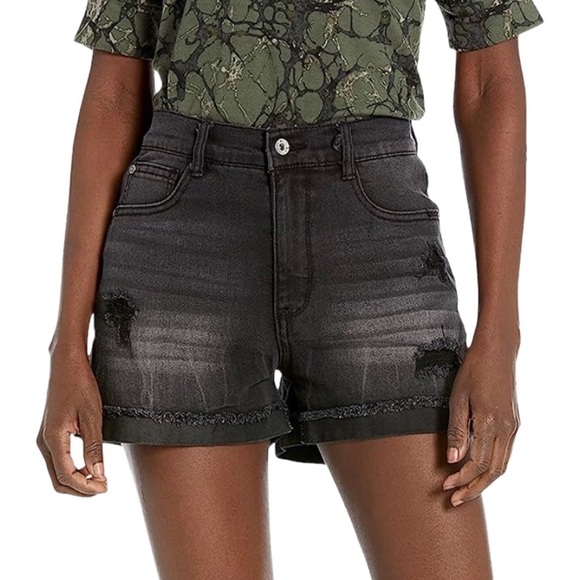 New! WallFlower Fearless Curvy Super High Rise Distressed Denim Shorty Shorts - Picture 1 of 10